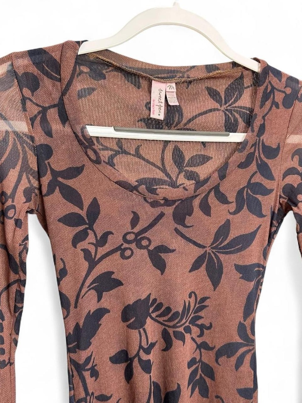 Vintage Y2K Sweet Pea Brown and Black Floral Mesh Long Sleeve - Picture 2 of 5